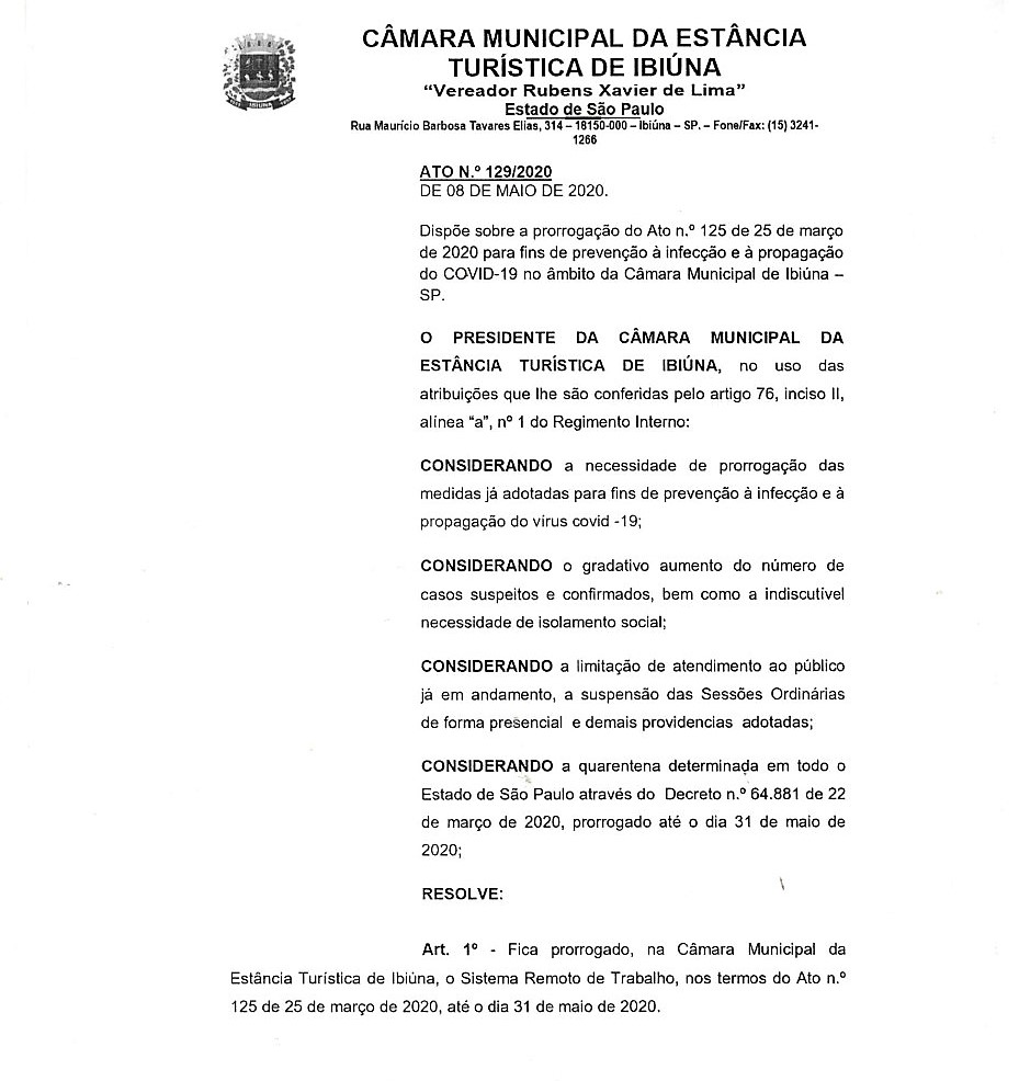 Prorrogado ato sobre normas da Câmara durante estado de alerta sanitária causado pelo Coronavírus