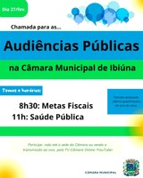 Saúde e Metas Fiscais: Audiências Públicas serão na manhã desta 5ª feira, na Câmara Municipal